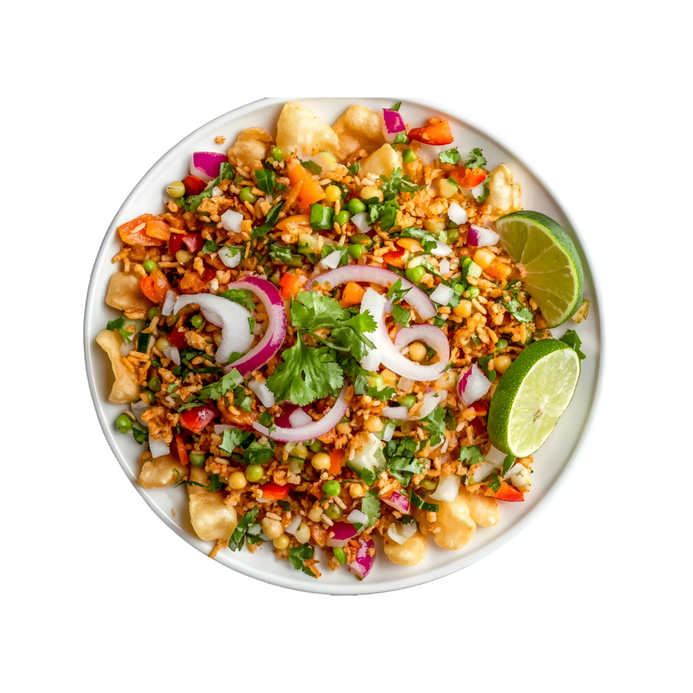 a plate of colorful indian bhel puri or pani puri with vegetables and lime on a transparent background perfect for product banners and food posts free png